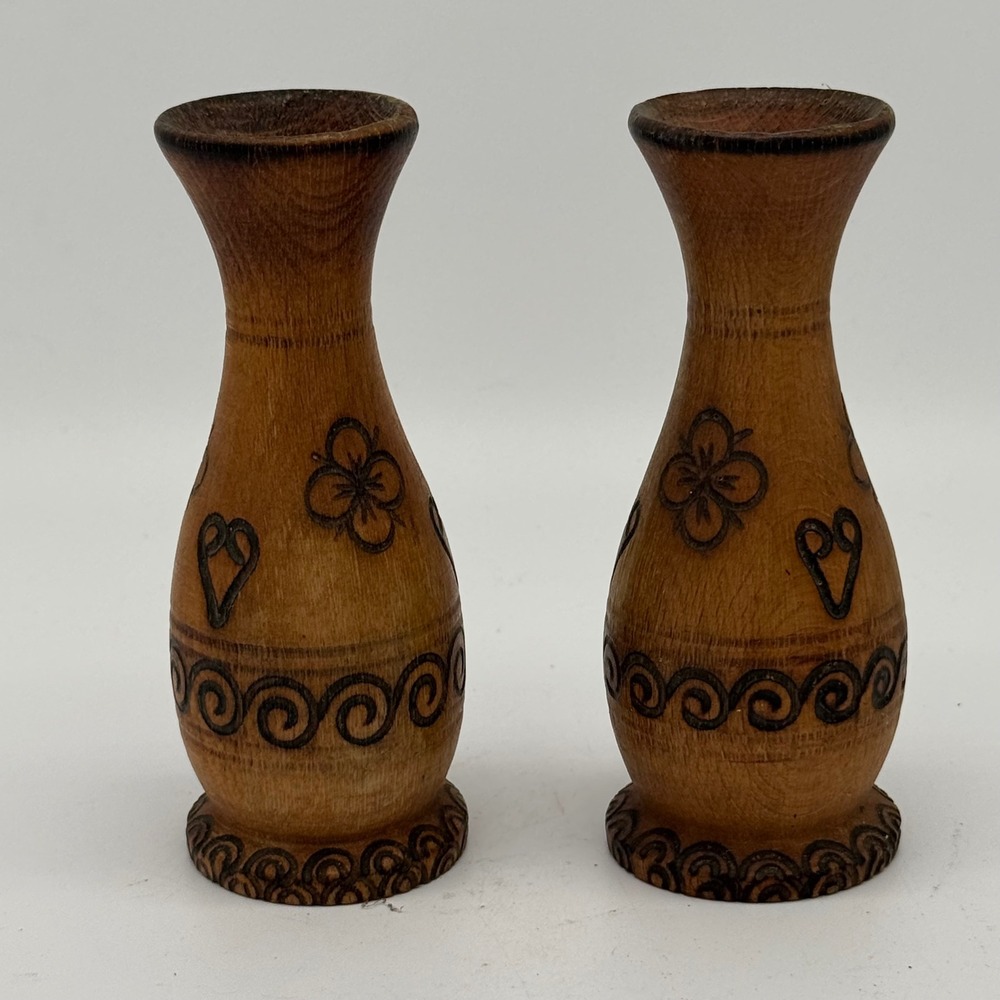 Vintage Polish Folk Art Carved Wood Bud Vases Pair Wood Burned Floral Decor 5"